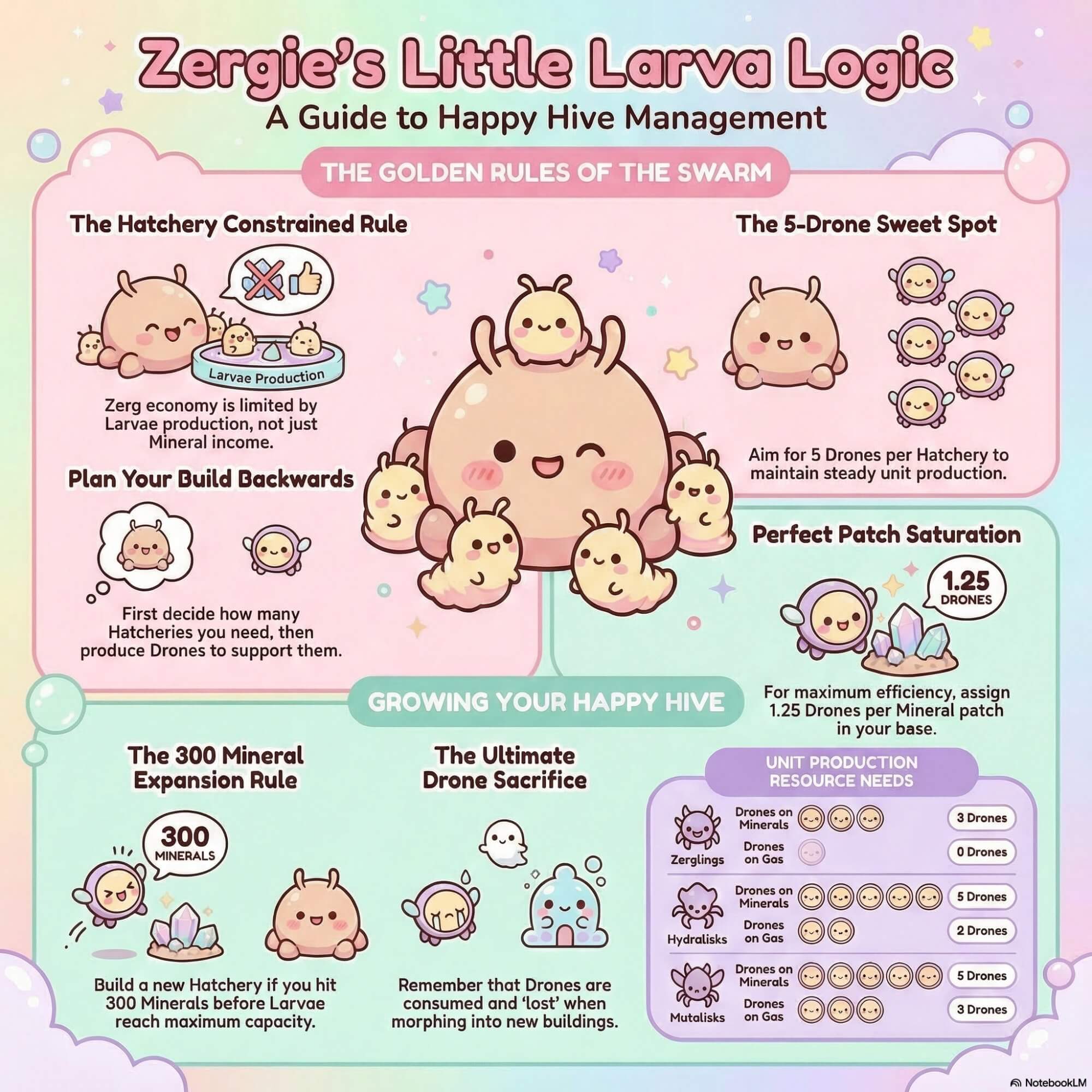 Zergie's Little Larva Logic — a visual guide to Happy Hive Management covering the Hatchery Constrained Rule, 5-Drone Sweet Spot, 300 Mineral Expansion Rule, and Unit Production Resource Needs