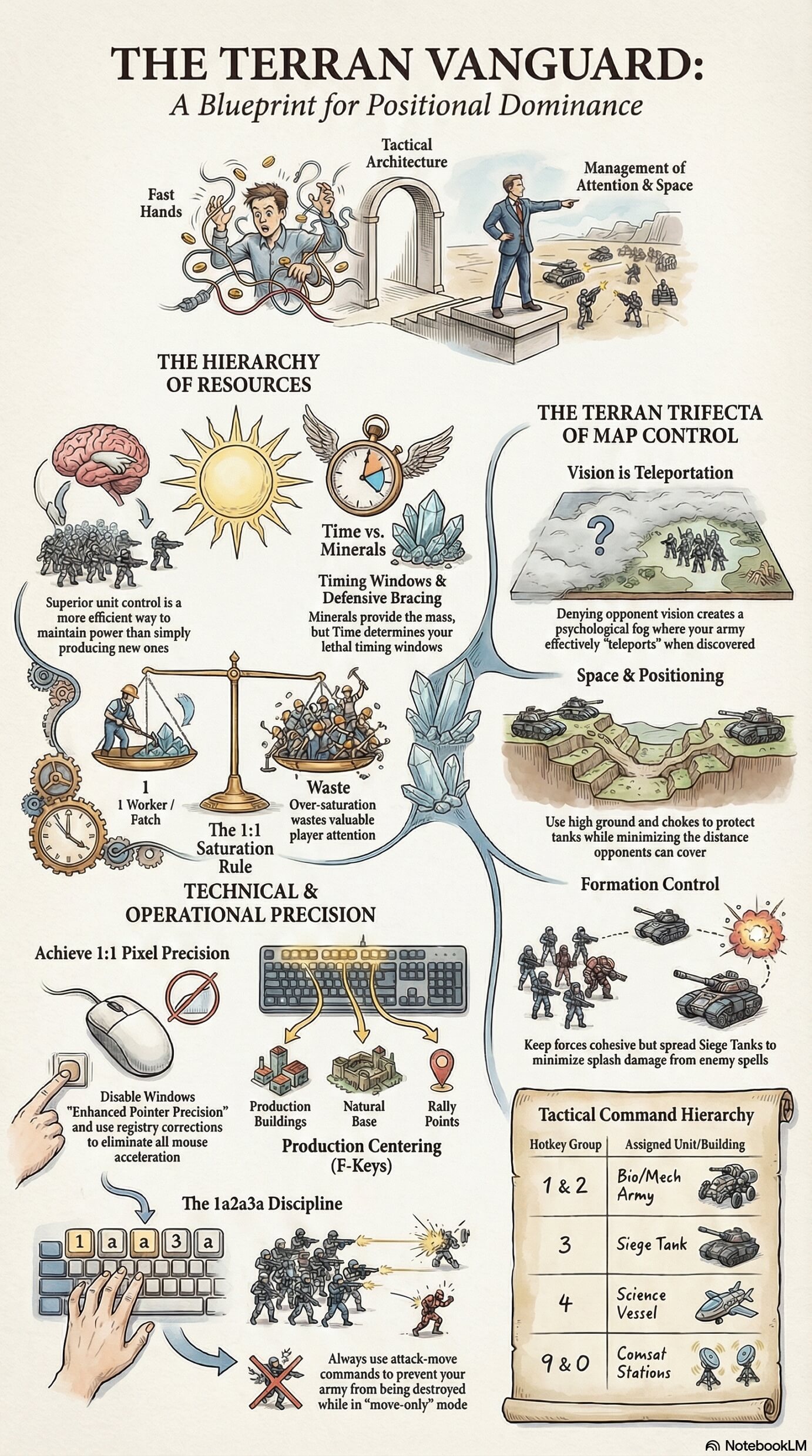 The Terran Vanguard infographic — covering the Hierarchy of Resources, Technical and Operational Precision, the Terran Trifecta of Map Control, and the Tactical Command Hierarchy