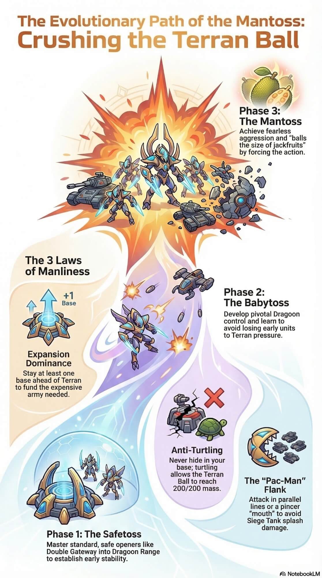 The Evolutionary Path of the Mantoss: Crushing the Terran Ball — infographic showing three phases (Phase 1: The Safetoss — master safe openers like Double Gateway into Dragoon Range; Phase 2: The Babytoss — develop pivotal Dragoon control and avoid losing early units to Terran pressure; Phase 3: The Mantoss — achieve fearless aggression by forcing the action) alongside the 3 Laws of Manliness: Expansion Dominance, Anti-Turtling, and the Pac-Man Flank formation.