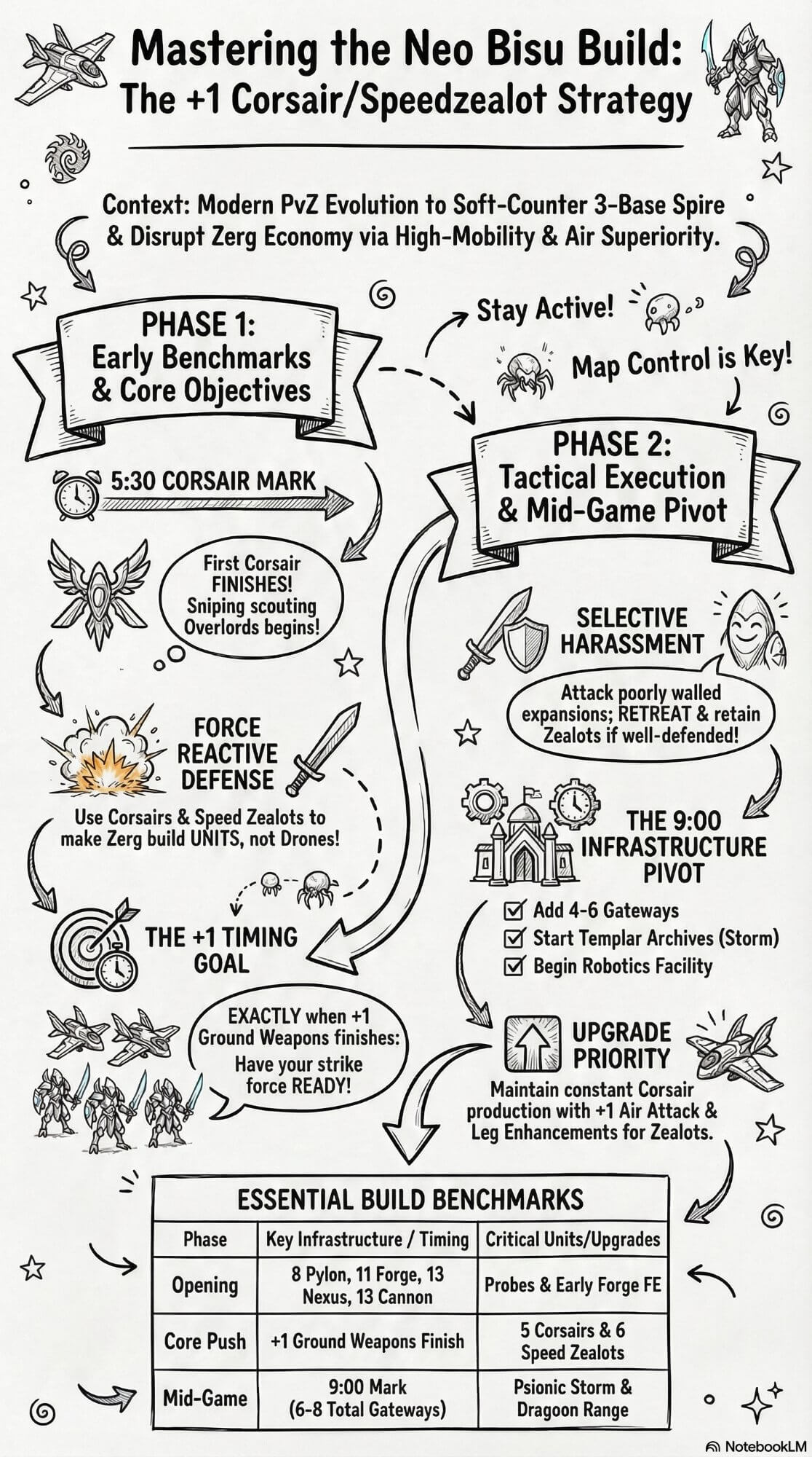 Mastering the Neo Bisu Build: The +1 Corsair/Speedzealot Strategy — infographic covering Phase 1 early benchmarks (5:30 Corsair mark, Force Reactive Defense, +1 Timing Goal), Phase 2 tactical execution (Selective Harassment, 9:00 Infrastructure Pivot, Upgrade Priority), and Essential Build Benchmarks table (Opening: 8 Pylon 11 Forge 13 Nexus 13 Cannon; Core Push: +1 Ground Weapons Finish with 5 Corsairs and 6 Speed Zealots; Mid-Game: 9:00 Mark with Psionic Storm and Dragoon Range)