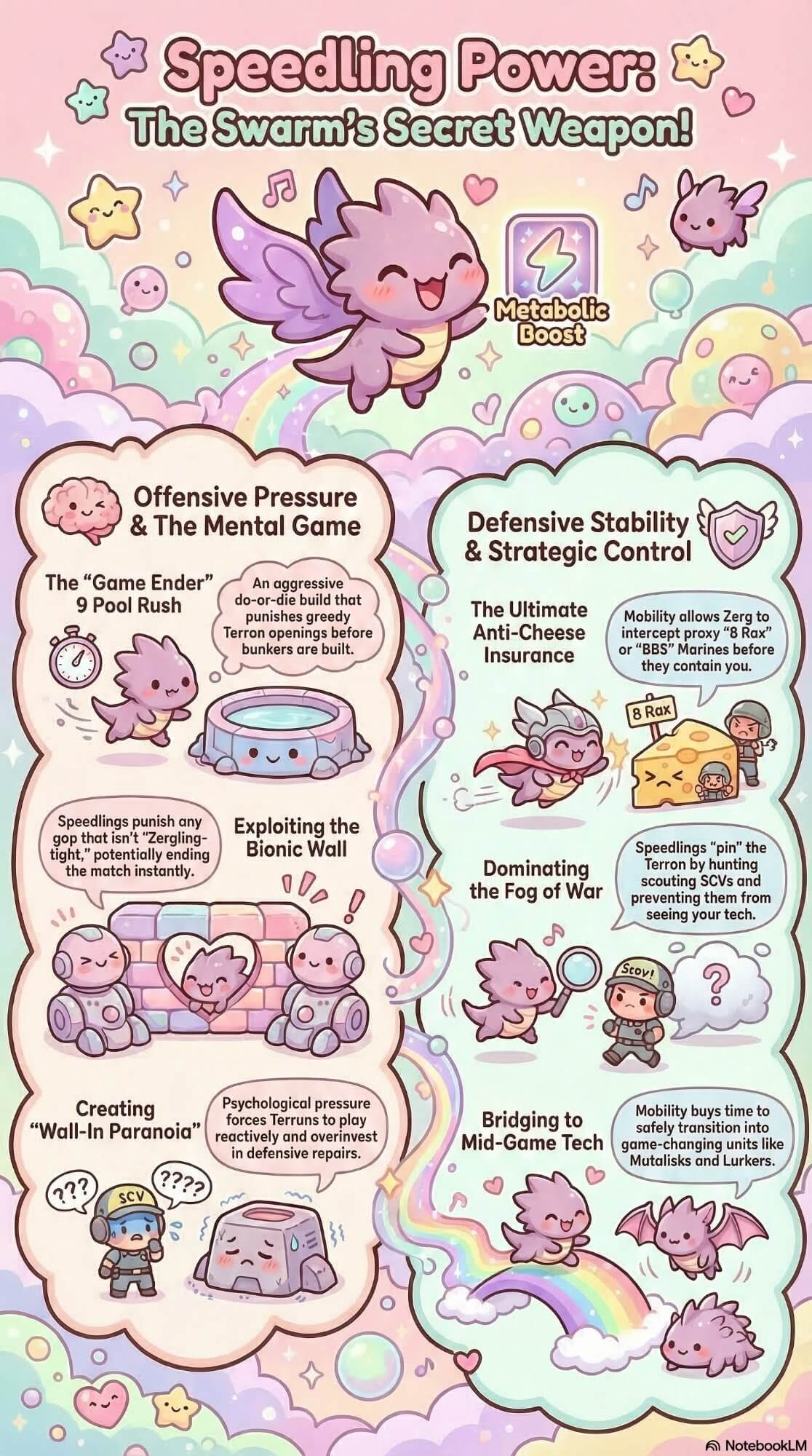 Speedy Power: The Metabolic Boost Advantage — infographic covering Zoomies (slow crawlers to speedlings), No Peeking (deny Terran scouting), Wall Breakers (early attack pressure), Sneaky Backstabs (catching Terran off guard), and Fueling the Hive (rapid tech transitions to Mutalisks or Lurkers)