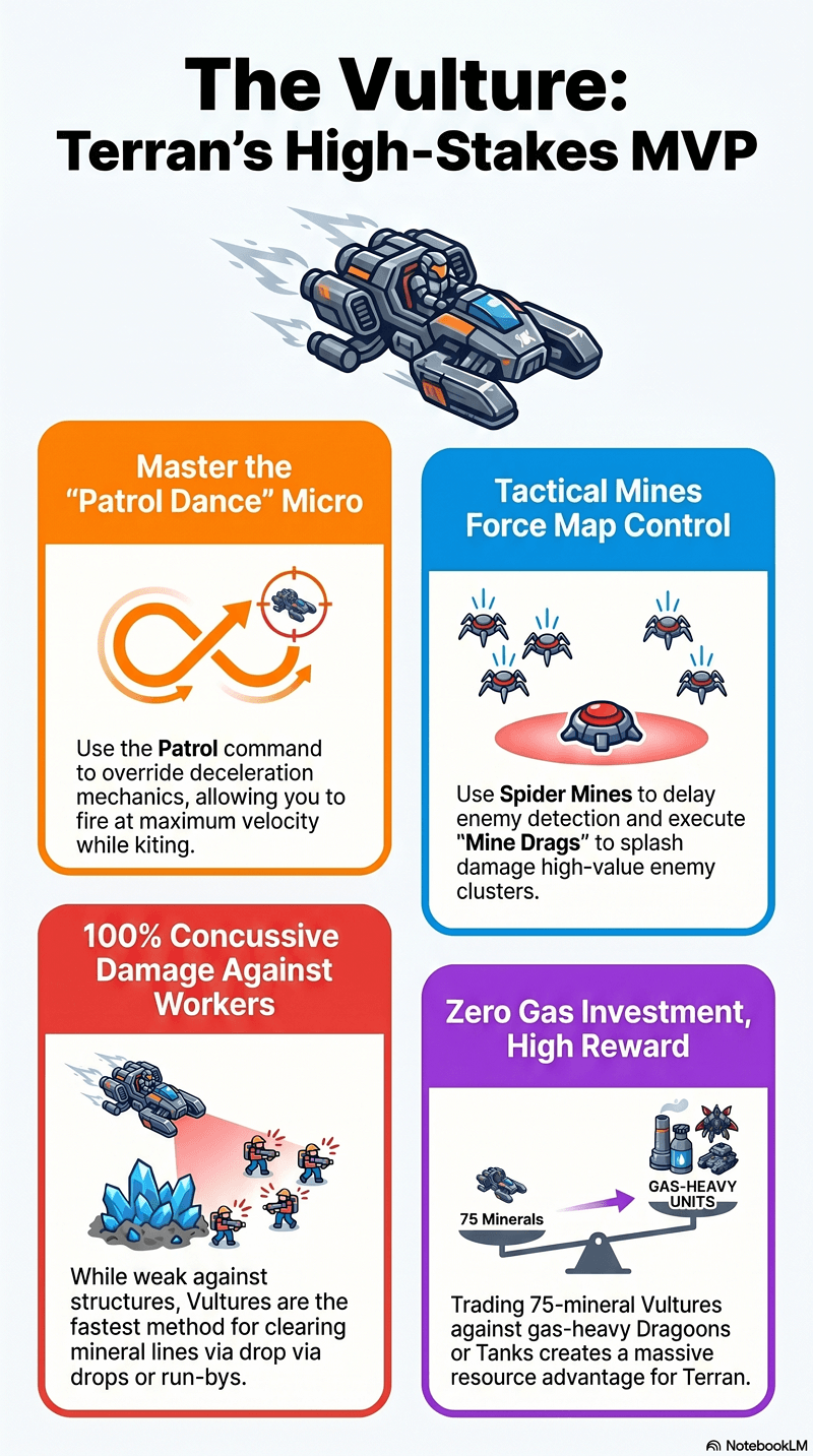 The Vulture: Terran's High-Stakes MVP infographic — covering the Patrol Dance micro, Tactical Mines for map control, 100% Concussive Damage against workers, and Zero Gas Investment with high reward